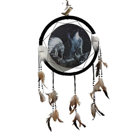 VTG Native American Man W/ Woolf Large Dream Catcher Spiritual Feather Faux Fur - Picture 1 of 8